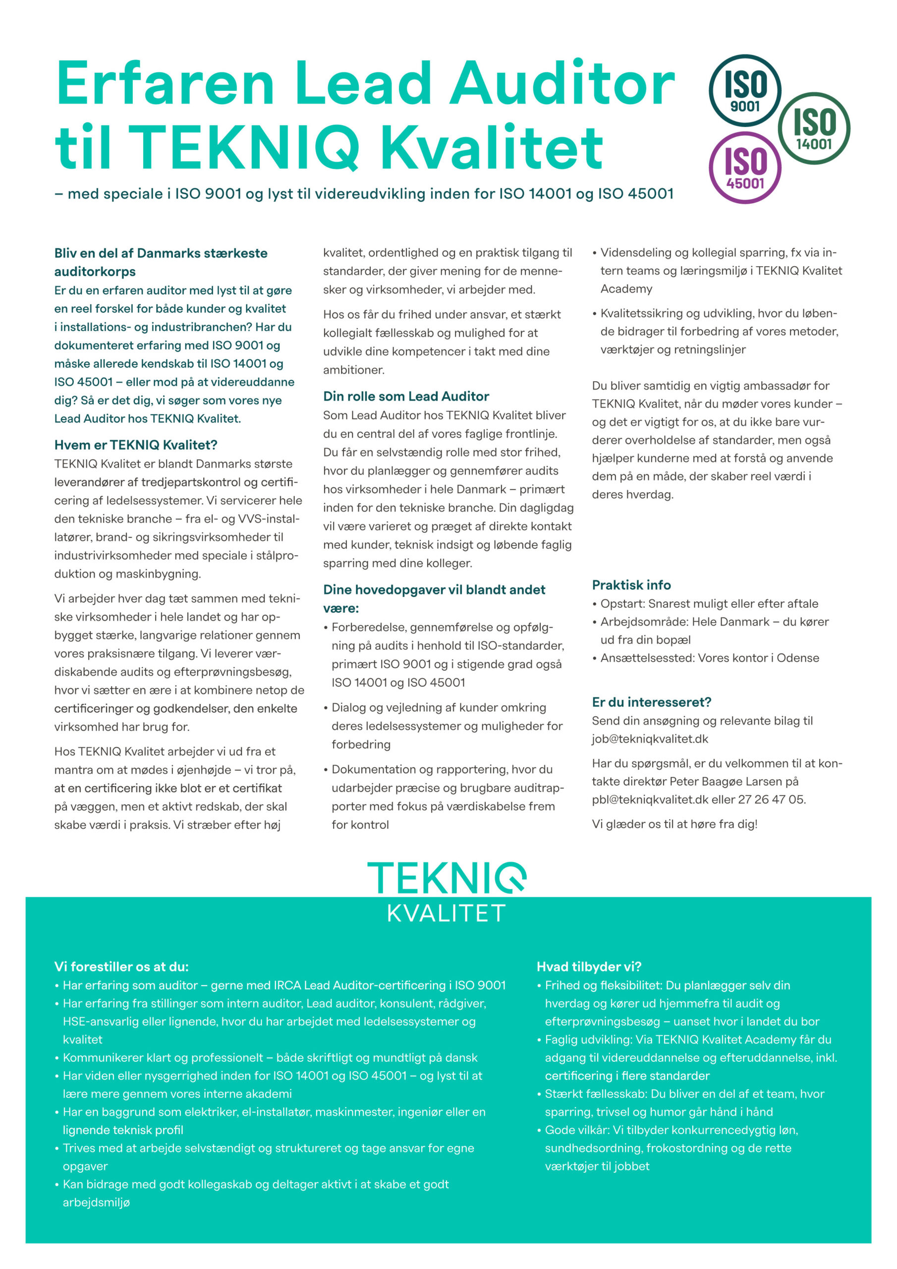 Billede med tekst, som indeholder det fulde stillingsopslag om Lead auditor med speciale i ISO 9001, med alle informationerne om stillingen og hvad den indebærer.
